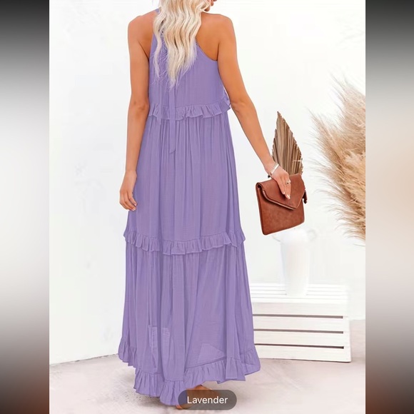 #138 Tiered Ankle Tank Dress, Vocation Backless Halter Neck Dress with Pockets - Picture 12 of 16